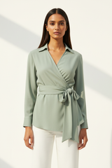Luxury wrap-front shirt in Muted Pistachio, front facing pose