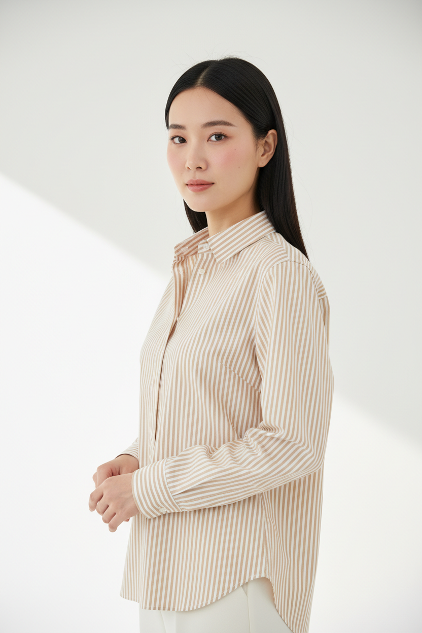 Luxury striped shirt in Warm Sand Stripe, three-quarter turn pose
