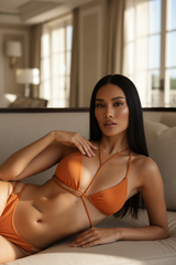 Luxe Triangle Strap Bikini Set in Sunset Orange – editorial pose