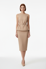 Women's elegant midi skirt set in beige nude, front-facing pose