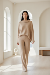 Luxury Ribbed Knit Lounge Set — Soft Beige, Walking Pose