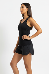Women's compression tank and running shorts set in Midnight Black - side view
