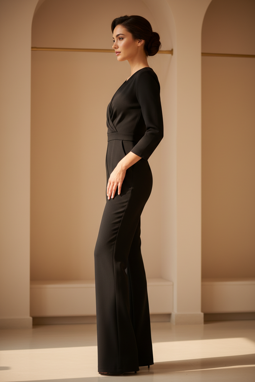 Luxury fitted jumpsuit in Matte Black – side profile