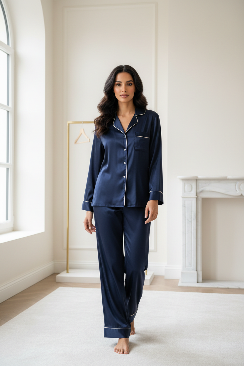 Luxury Silk Pajama Set — Midnight Navy Silk, Front Standing Pose