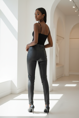 Premium Women's Faux Leather Slim-Fit Pants in Matte Black - Back View