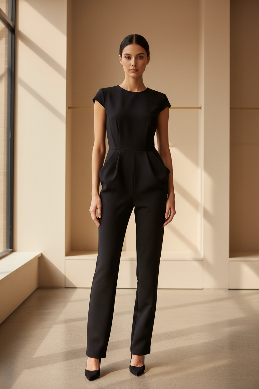 Luxury fitted jumpsuit in Matte Black – front view
