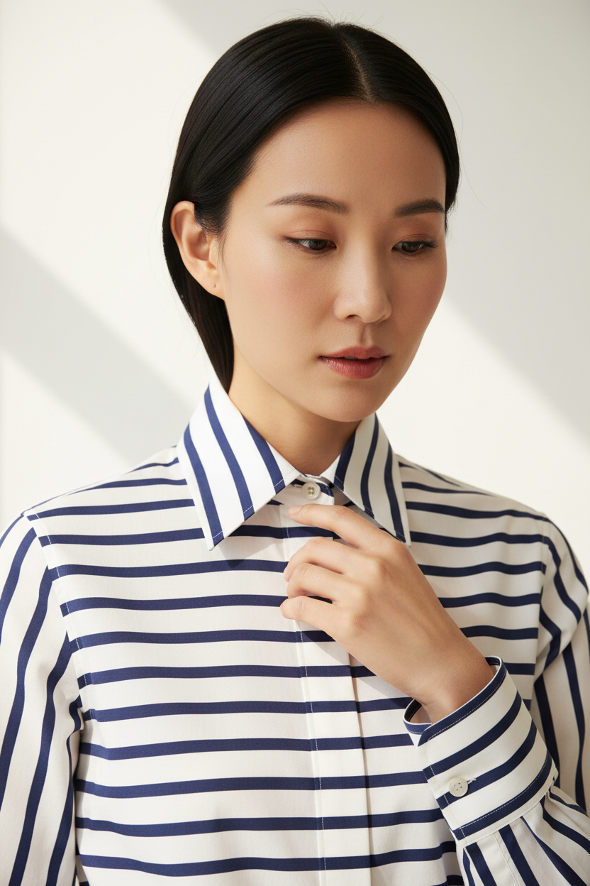 Luxury striped shirt in Coastal Blue Stripe, detail close-up of collar and fabric