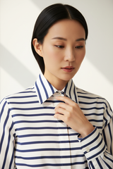 Luxury striped shirt in Coastal Blue Stripe, detail close-up of collar and fabric