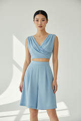 Ice Blue Draped Crop Top Shorts Set – Front Pose