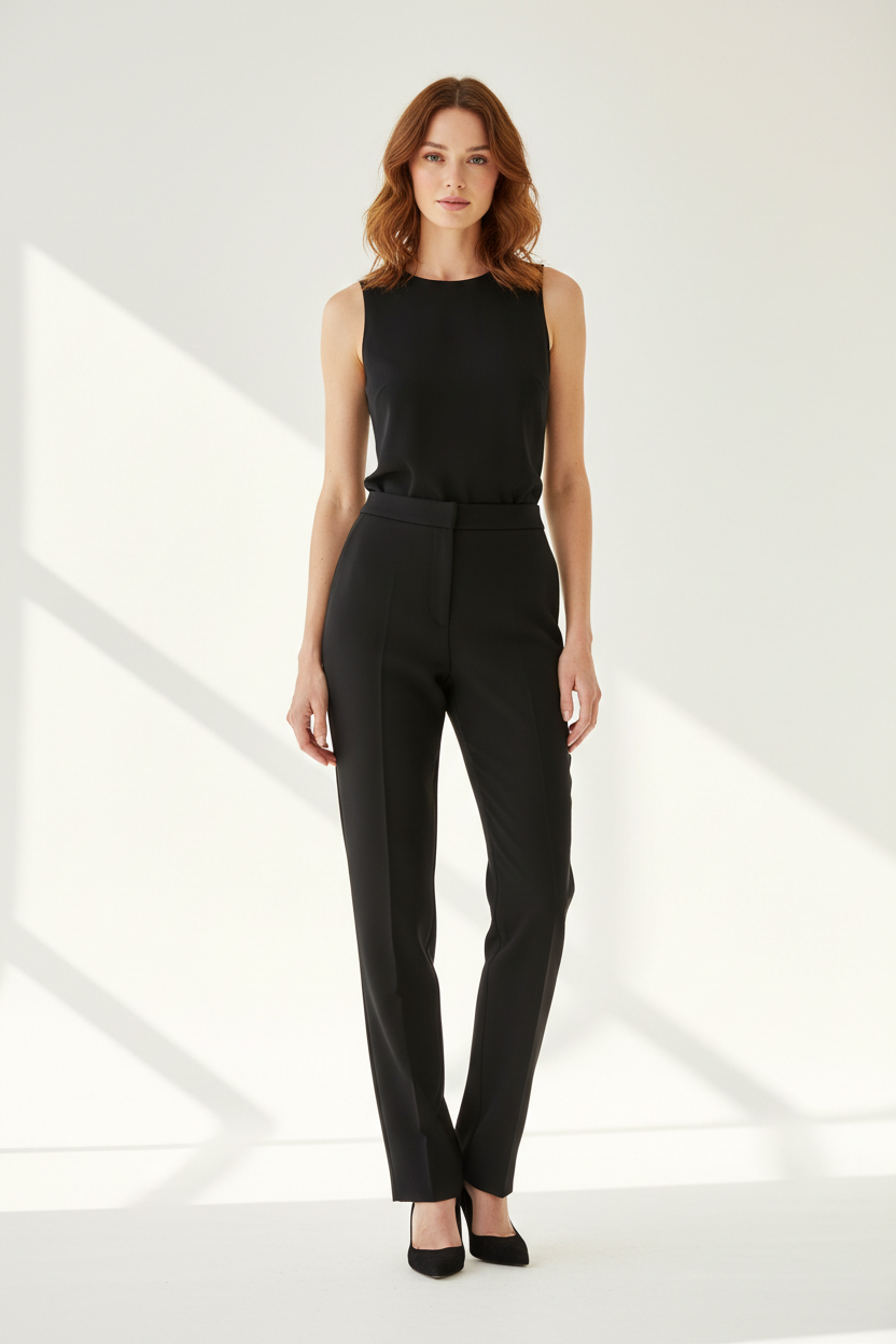 Premium Women's Tailored Straight-Leg Pants in Matte Black - Front View