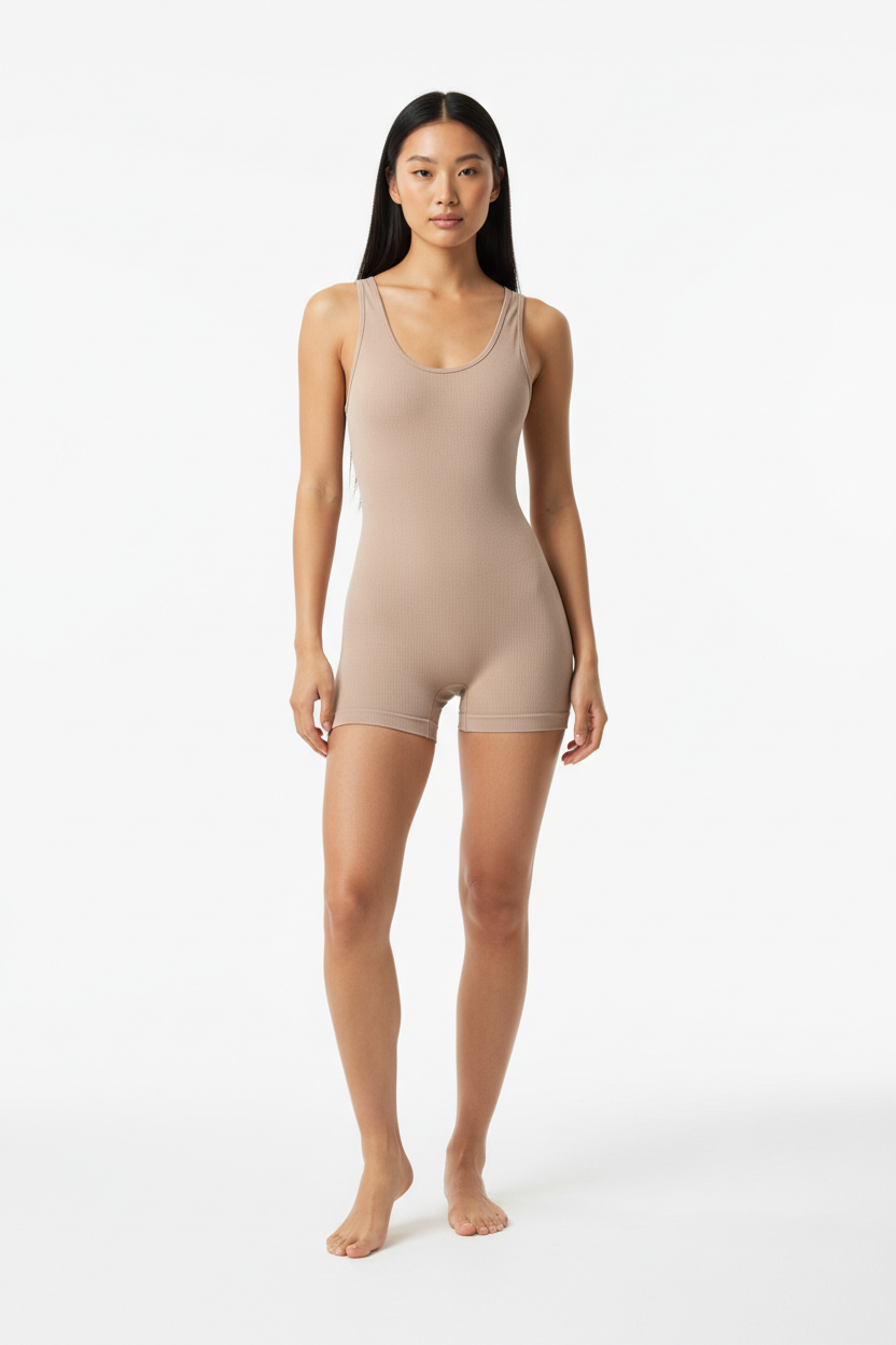 Seamless Body Sculpting Workout Jumpsuit in Dusty Beige — Front Full-Body