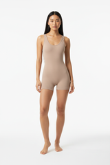 Seamless Body Sculpting Workout Jumpsuit in Dusty Beige — Front Full-Body