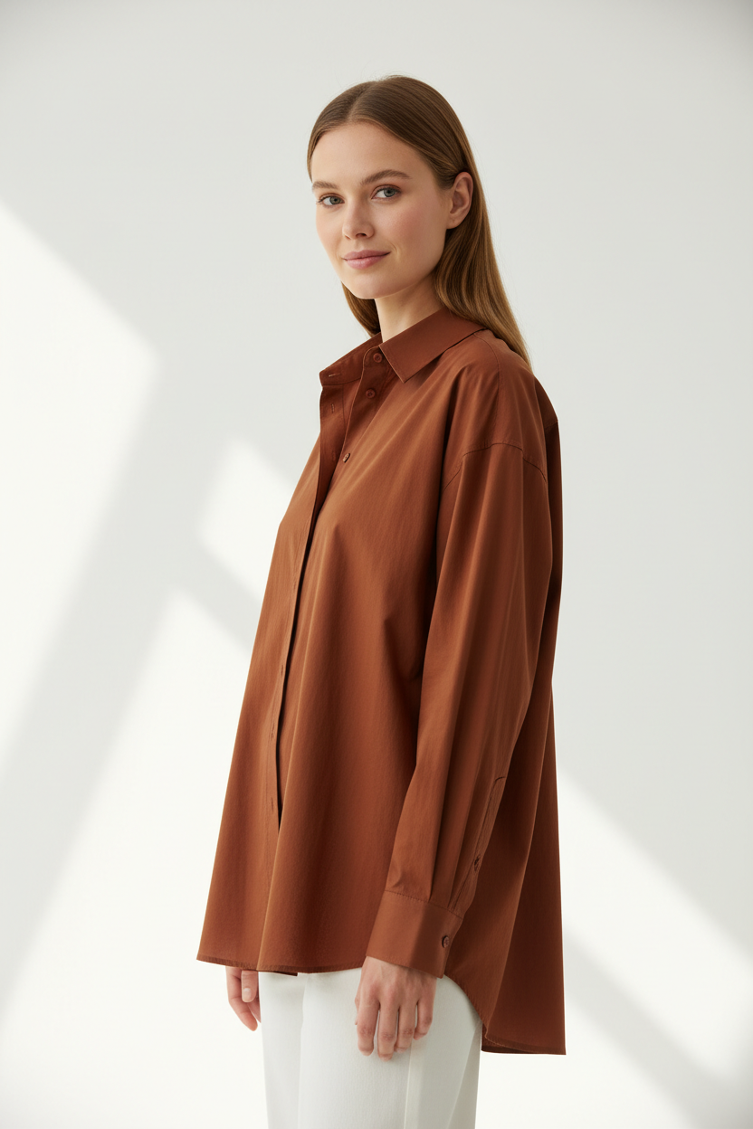 Oversized cotton shirt in Burnt Cinnamon, three-quarter turn pose