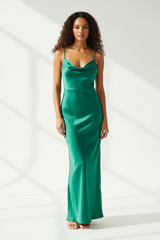 Luxury Satin Slip Dress in Emerald Green - front-facing pose