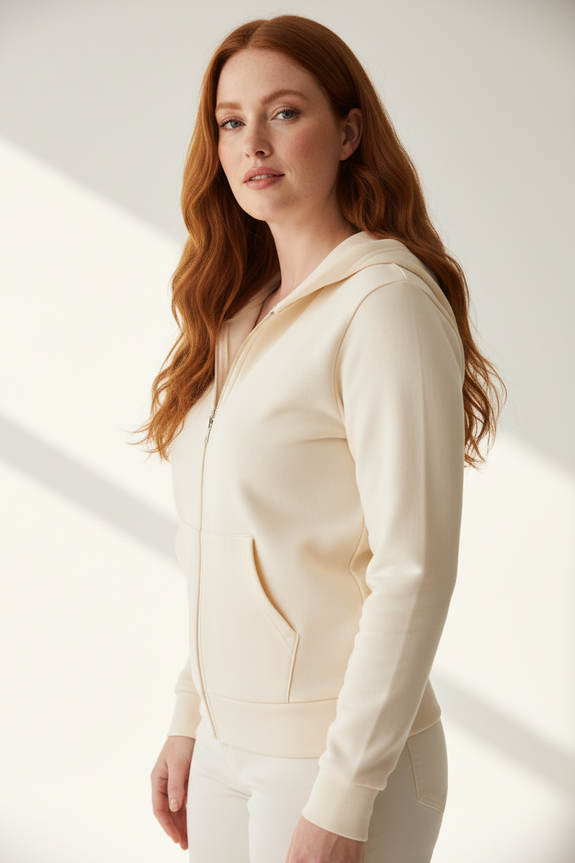 Luxury zip-up hoodie in Vanilla Cream, three-quarter turn pose