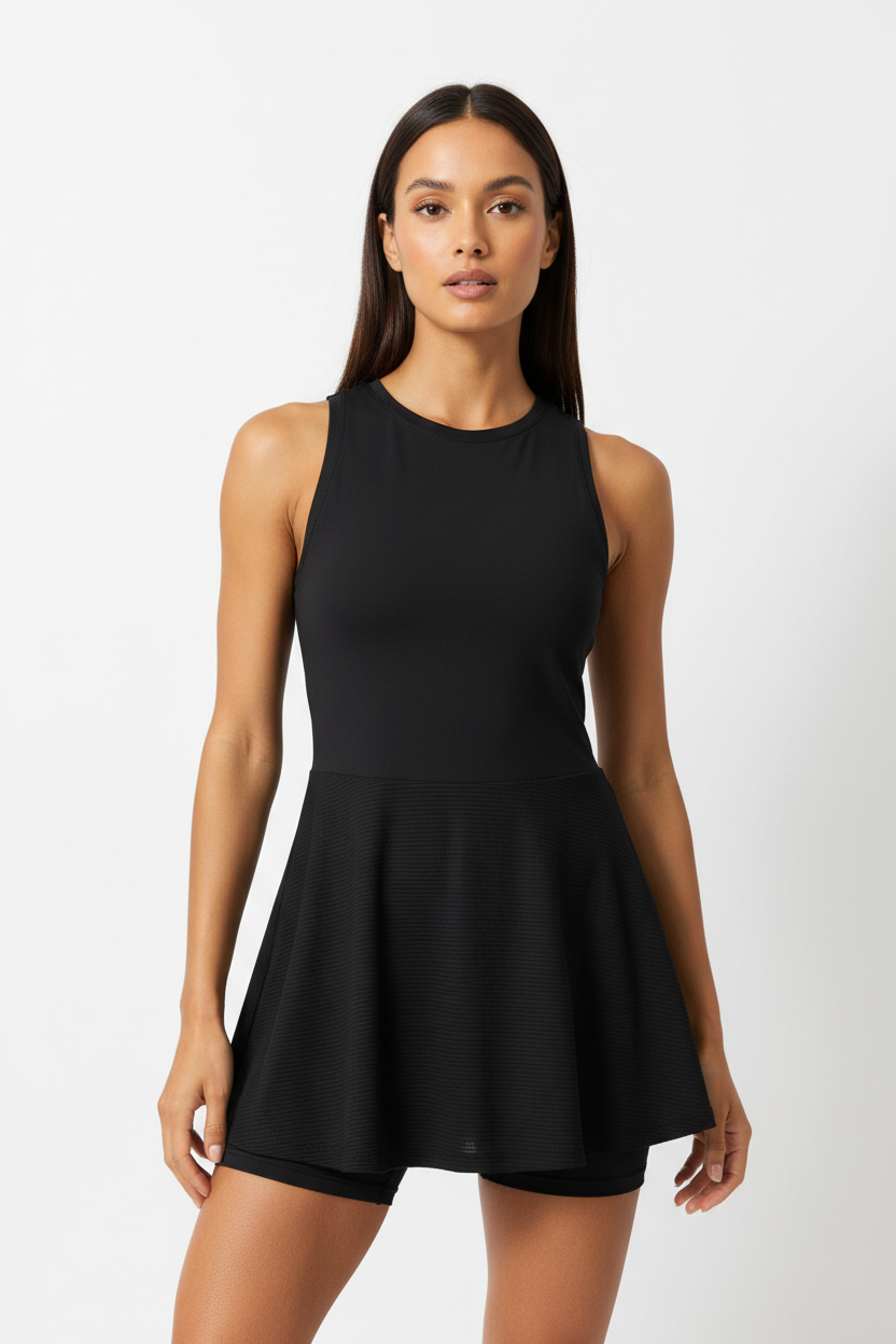 Women's tennis active dress in Matte Black - front view
