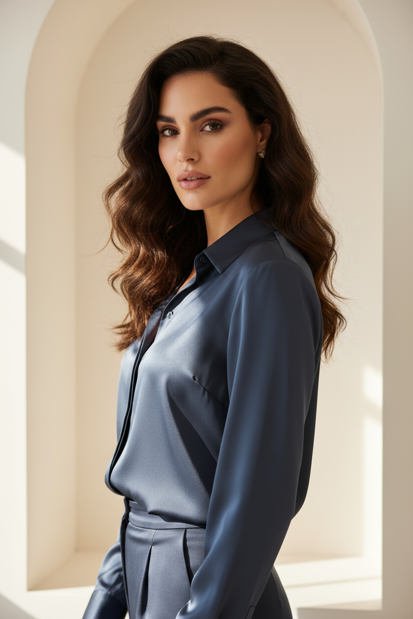 Luxury satin button-up shirt in Midnight Slate, three-quarter turn pose