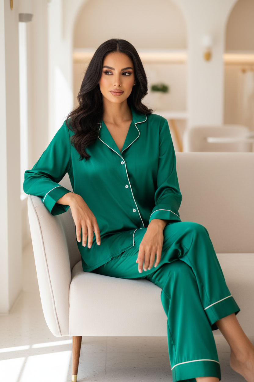 Luxury Silk Pajama Set — Emerald Green Silk, Seated on Chaise