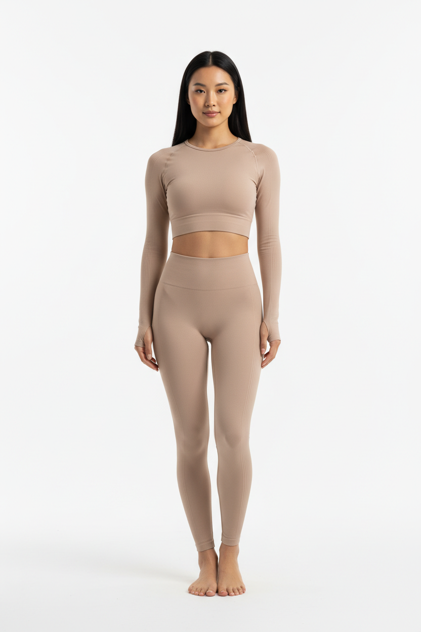Seamless Activewear Set in Beige Nude — Front Full-Body