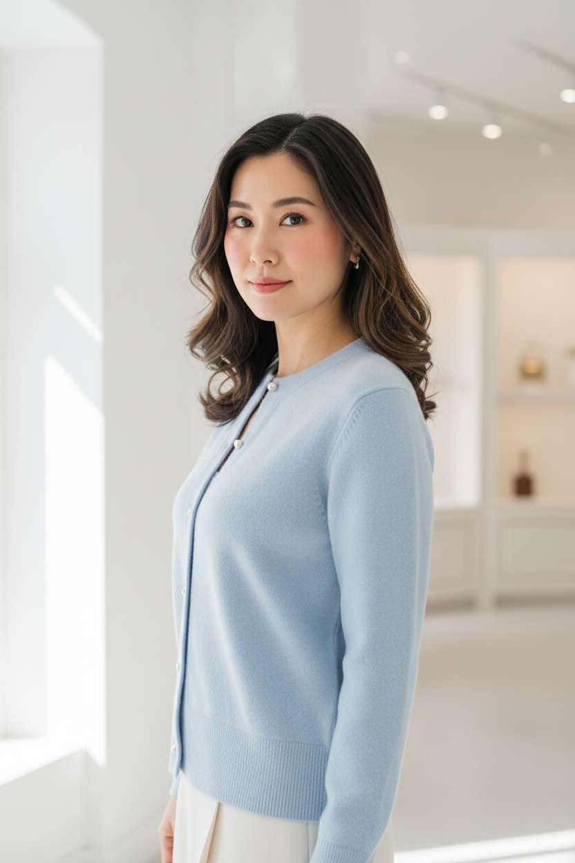 Luxury cardigan sweater in Ice Blue, three-quarter turn pose