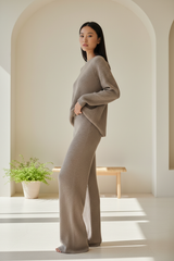 Luxury Ribbed Knit Lounge Set — Warm Grey, Side Profile Pose