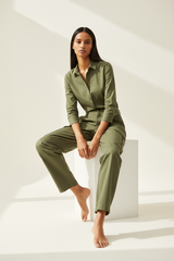 Premium Women's Luxury Cargo Pants in Olive Green - Seated Editorial