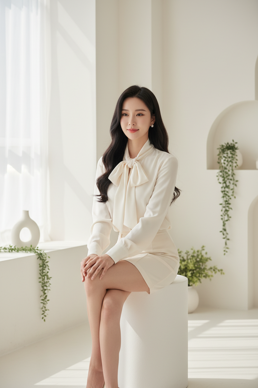 Tie-Neck Blouse in Soft Buttercream - Seated