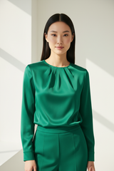Satin Blouse in Emerald Green - Front Pose