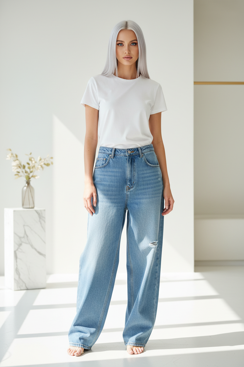 Premium Women's Baggy Denim Pants in Light Blue - Front View