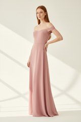 Luxury Off-Shoulder Maxi Dress in Dusty Pink - 3/4 hand on hip pose