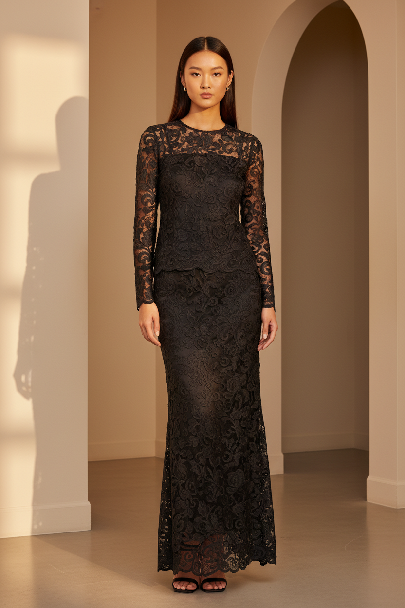 Elegant Embroidered Lace Fashion Set in Matte Black - Front View