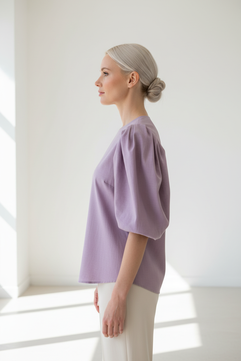 Luxury puff-sleeve shirt in Dusty Lavender, side profile pose