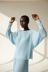 Pleated Blouse in Ice Blue - Three Quarter Draped Sleeves