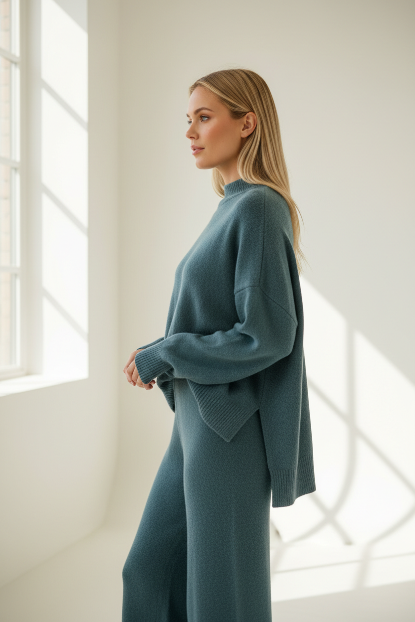 Smoky Teal Knit Lounge Set – Side Pose