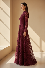 Elegant Embroidered Lace Fashion Set in Deep Burgundy - Side Profile
