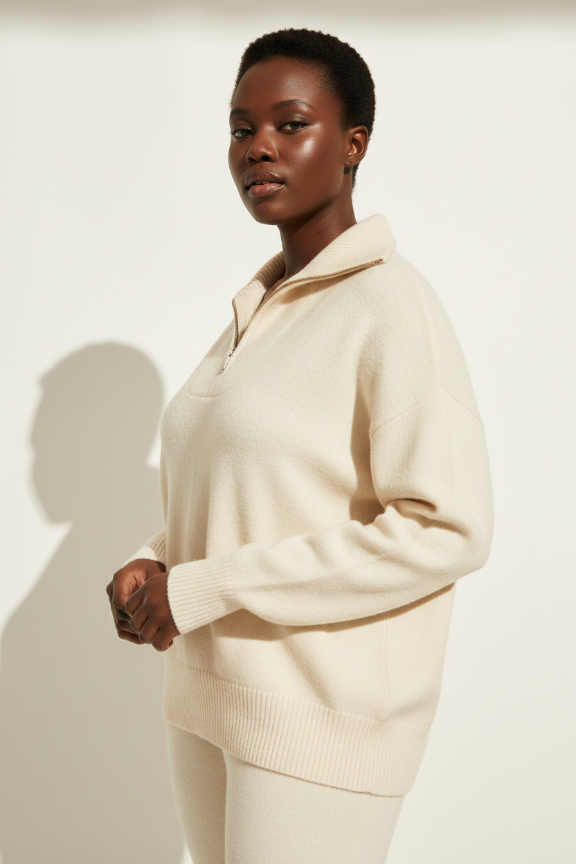 Luxury zip-neck sweater in Vanilla Cream, three-quarter turn pose