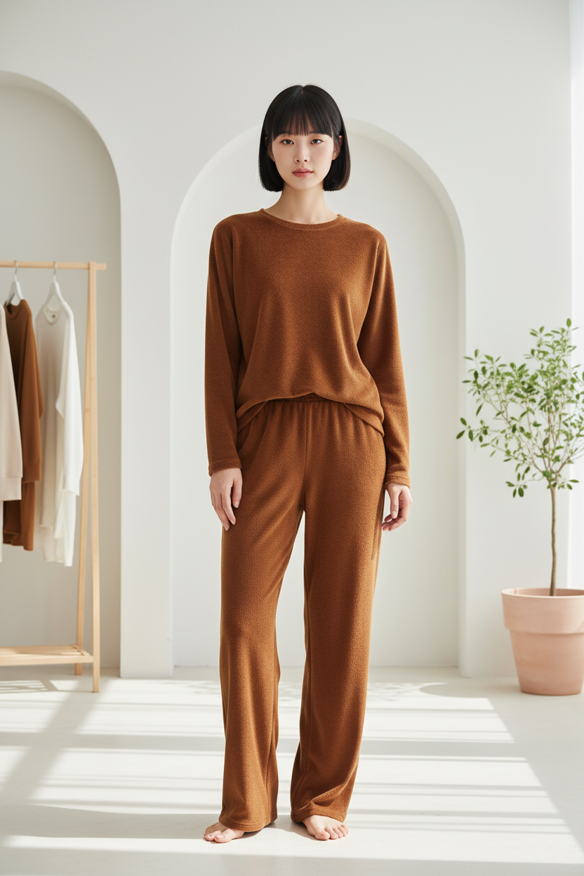 Luxury Soft-Touch Lounge Separates — Cinnamon Brown, Front Standing Pose