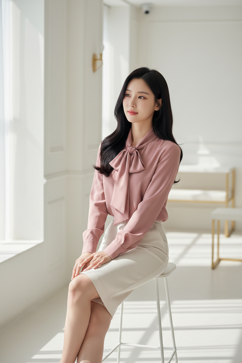 Tie-Neck Blouse in Rosewood Pink - Seated Bow Tie Visible