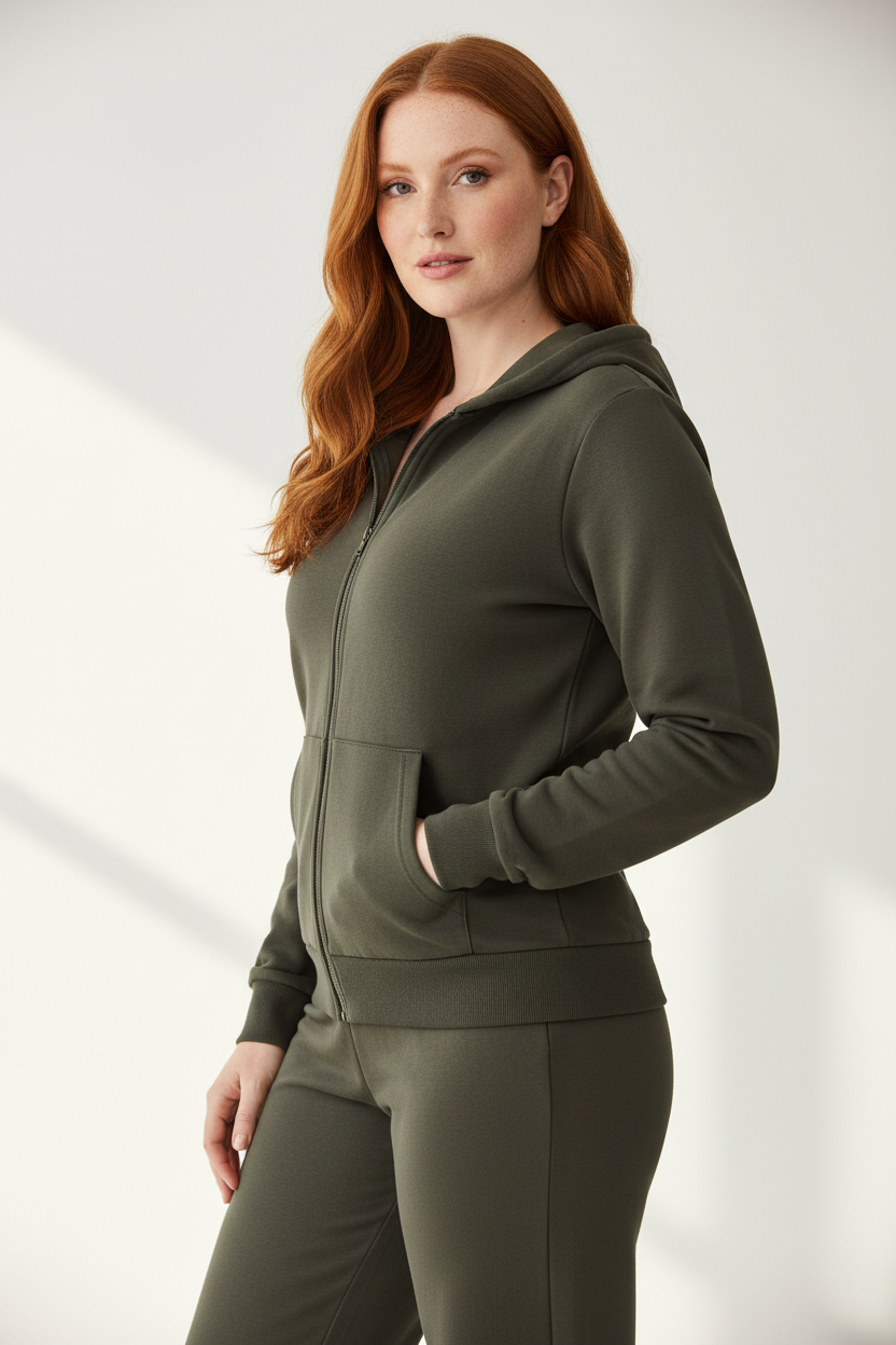 Luxury zip-up hoodie in Charcoal Olive, three-quarter turn pose