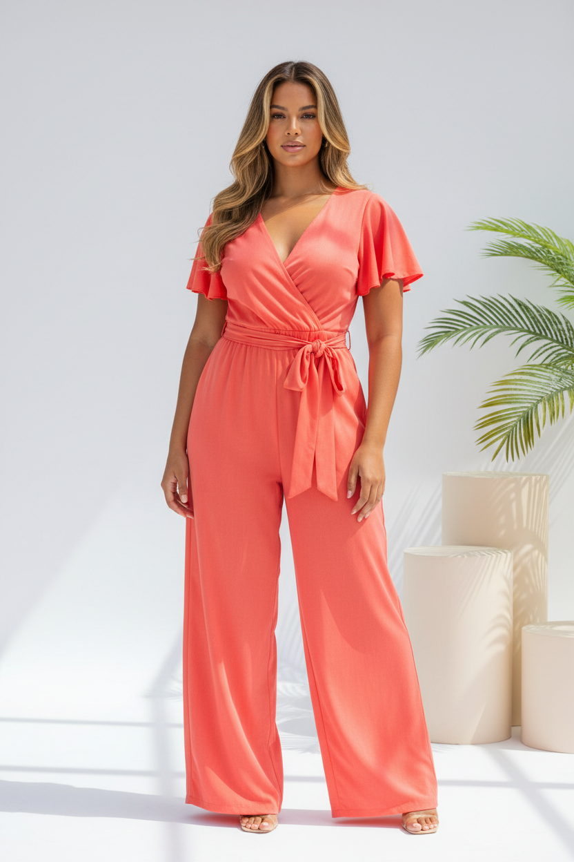 Luxury tie-waist romper in Tropical Coral – front view