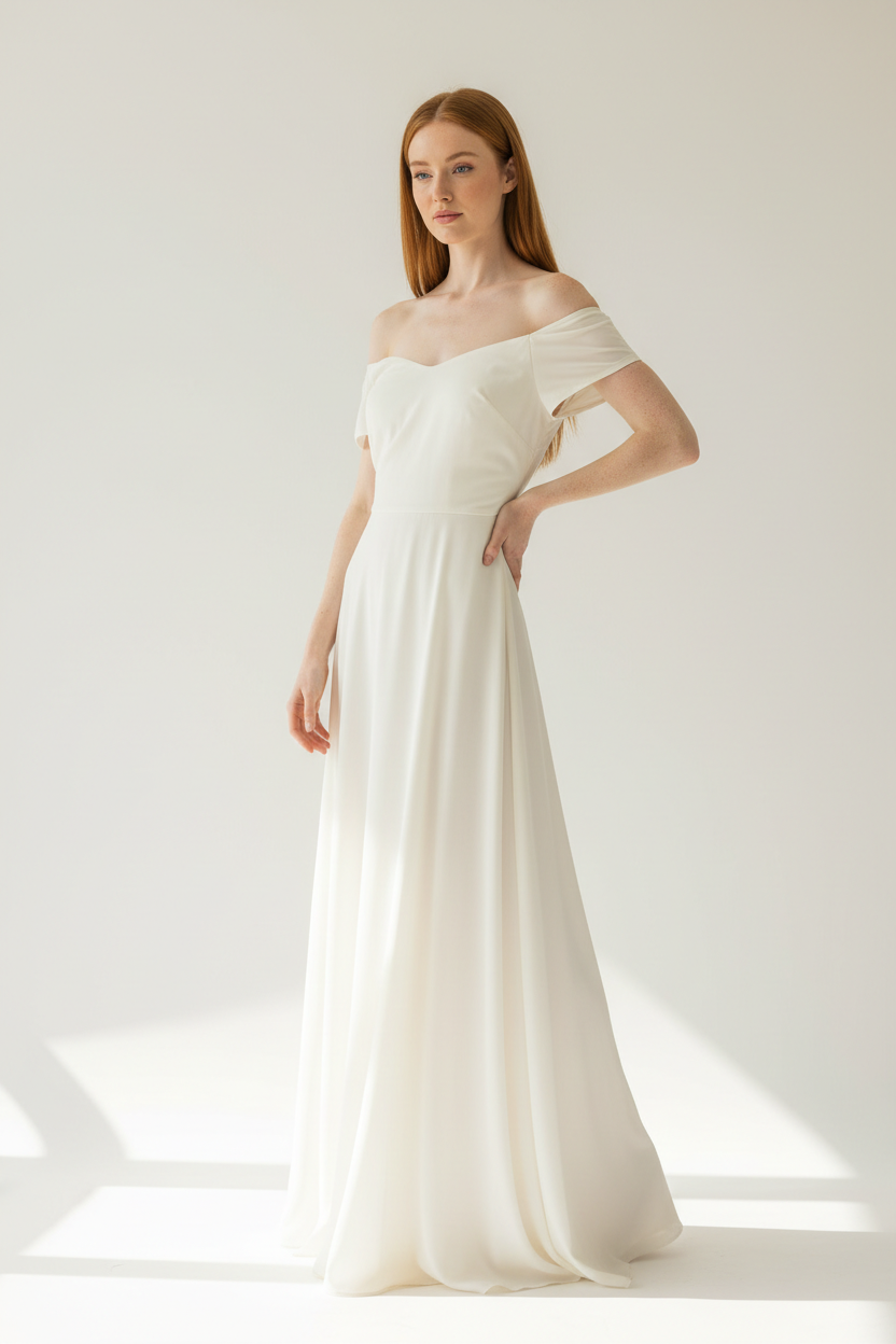 Luxury Off-Shoulder Maxi Dress in Soft Ivory - 3/4 hand on hip pose