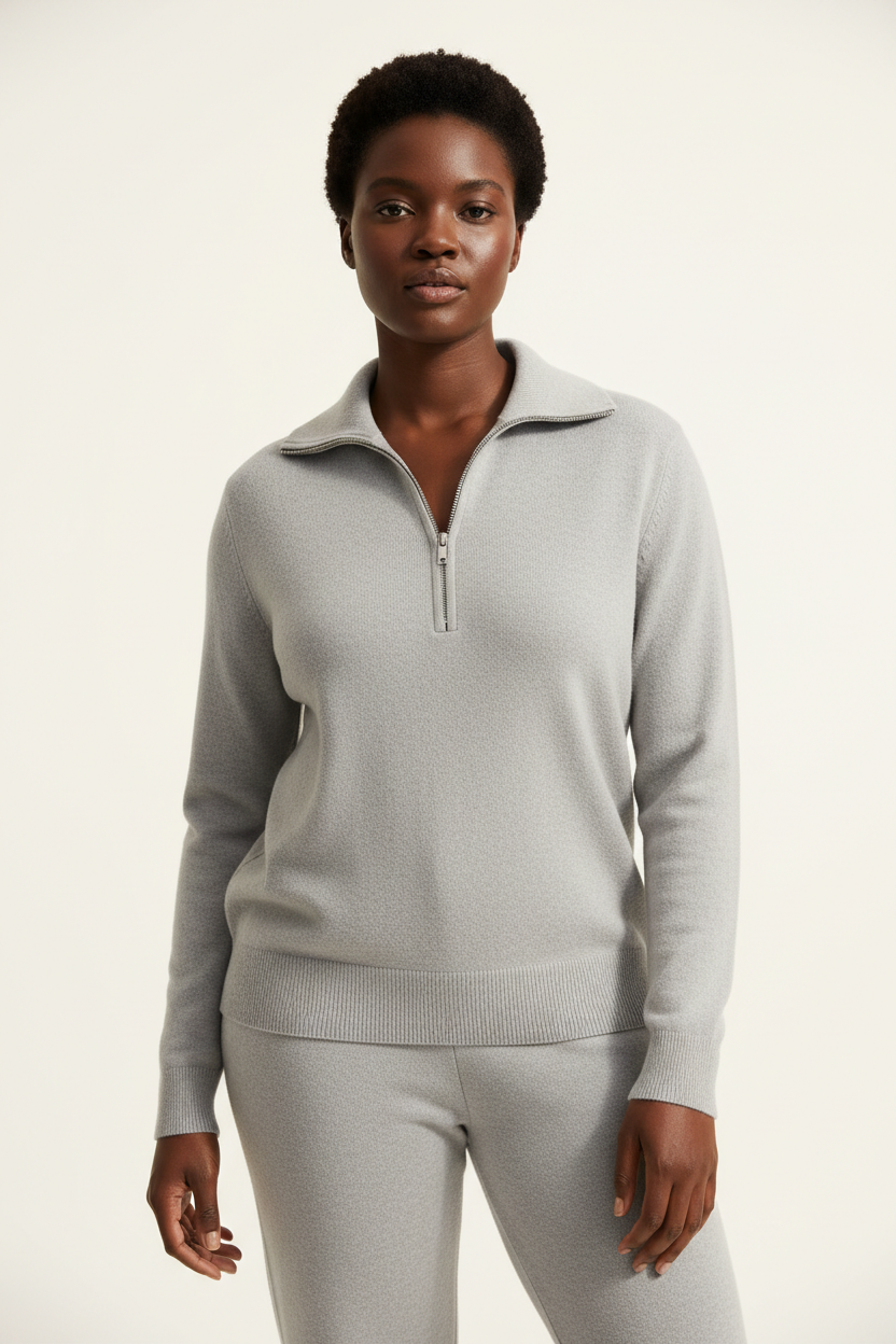 Luxury zip-neck sweater in Frosted Grey, front facing pose