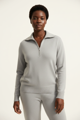 Luxury zip-neck sweater in Frosted Grey, front facing pose