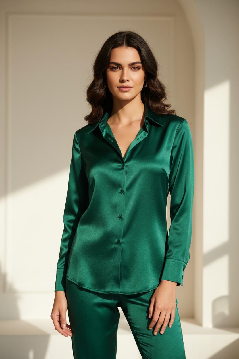 Luxury satin button-up shirt in Deep Emerald, front facing pose