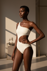 Luxe One-Shoulder Cutout Swimsuit in Ivory White – three-quarter pose