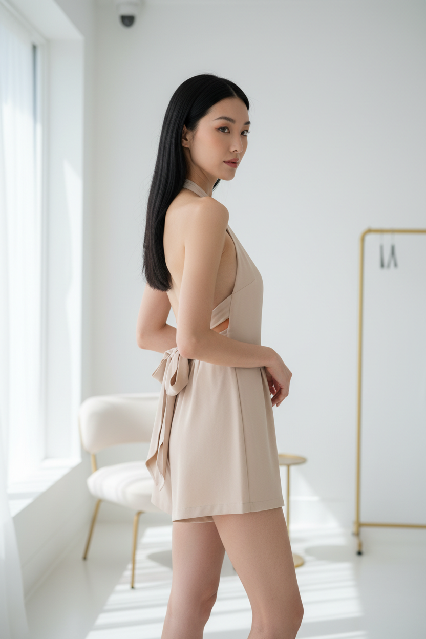 Luxury backless halter romper in Soft Beige – side profile