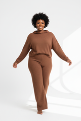 Luxury Waffle Knit Lounge Set — Soft Cocoa Brown, Walking Pose
