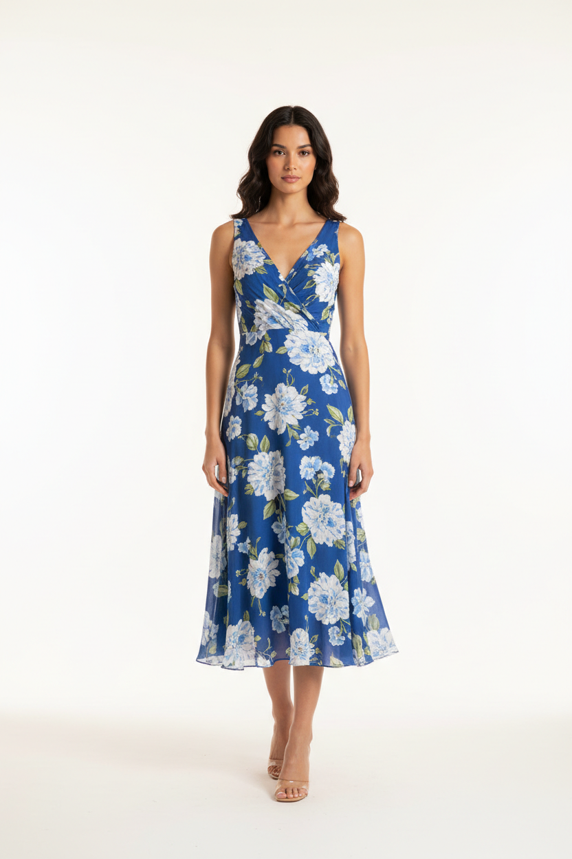 Luxury Floral Midi Dress in Floral Blue - front-facing pose
