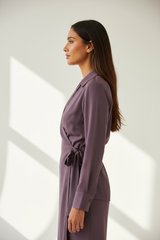Luxury wrap-front shirt in Smoky Plum, side profile pose
