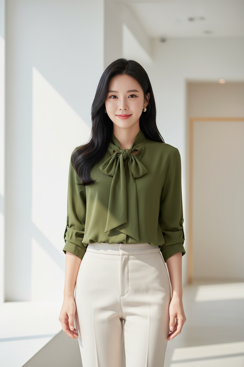Tie-Neck Blouse in Forest Olive - Front Pose